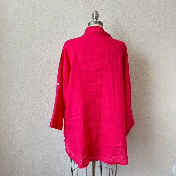 ITALY MADE 100% Linen Roll-Tab Sleeve Gauze Button-Up Shirt in Hot Pink - Picture 7 of 12